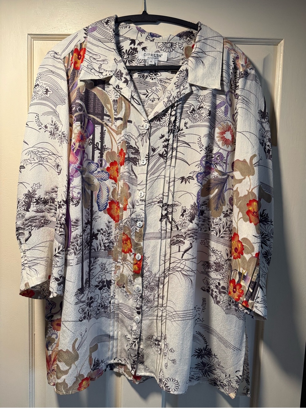 Citron Santa Monica XL 100% Silk Art-to-Wear Blouse Japanese Floral Crinkle
